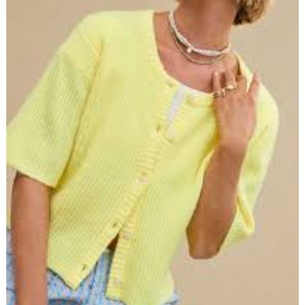 Aerie Lime Yellow Ribbed Short Sleeve Cardigan Sweater Size M 4757489651